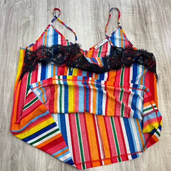 Zara Trafaluc Womens Cami Top Size L Colourful Rainbow Stripe Black Lace Trim - Picture 8 of 8